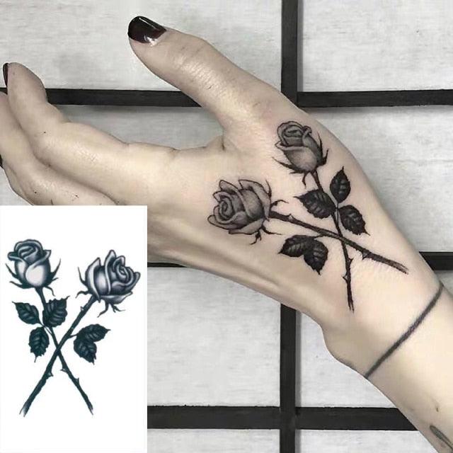 Elegant Small Waterproof Temporary Tattoo Sticker Makeup Flame Finger Black Square Rose Flower High Quality Design For Womens