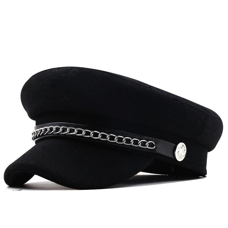 Elegant Winter Chain Black Military Berets For Women Female Flat Army Cap Women's Octagonal Beret Cap Luxury Beret Hat Girl Travel Berets Ladies Comfortable Autumn Cap
