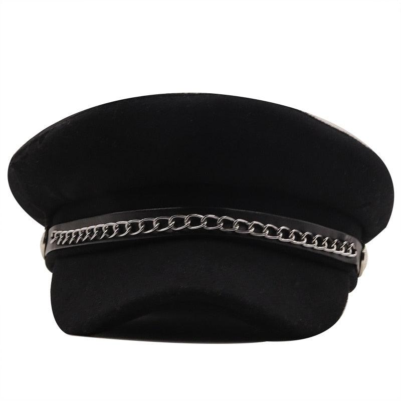 Elegant Winter Chain Black Military Berets For Women Female Flat Army Cap Women's Octagonal Beret Cap Luxury Beret Hat Girl Travel Berets Ladies Comfortable Autumn Cap