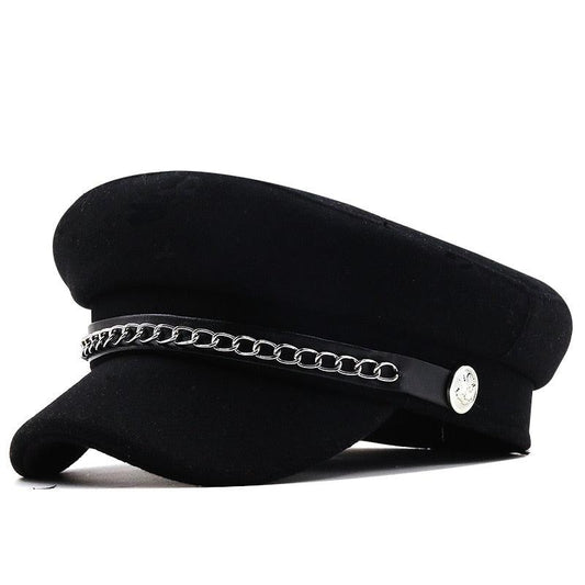 Elegant Winter Chain Black Military Berets For Women Female Flat Army Cap Women's Octagonal Beret Cap Luxury Beret Hat Girl Travel Berets Ladies Comfortable Autumn Cap