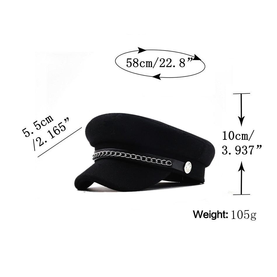 Elegant Winter Chain Black Military Berets For Women Female Flat Army Cap Women's Octagonal Beret Cap Luxury Beret Hat Girl Travel Berets Ladies Comfortable Autumn Cap