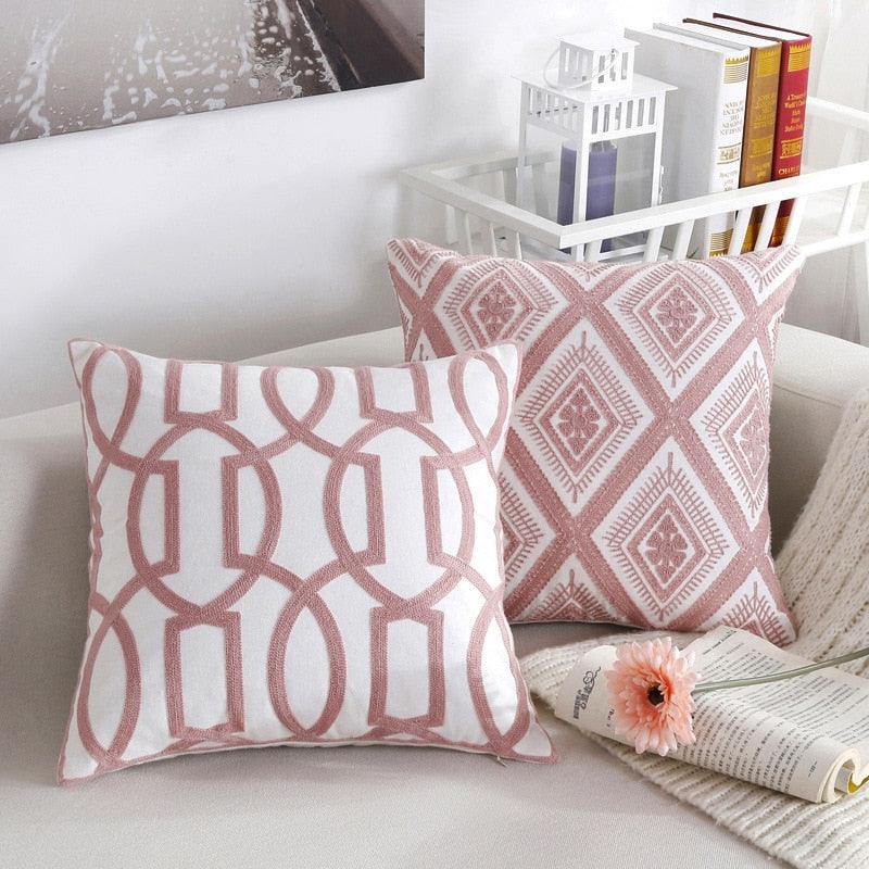 Embroidered Geometric Pillow Cover 100% Cotton Woolen Cushion Cover Modern Nordic Style Pink Blue Pillow Cover For Home Decor Embroidery Cushion Cover Decorative Throw Pillow Cover Geometric Invisible Pillow Cover for Living Room 45X45CM