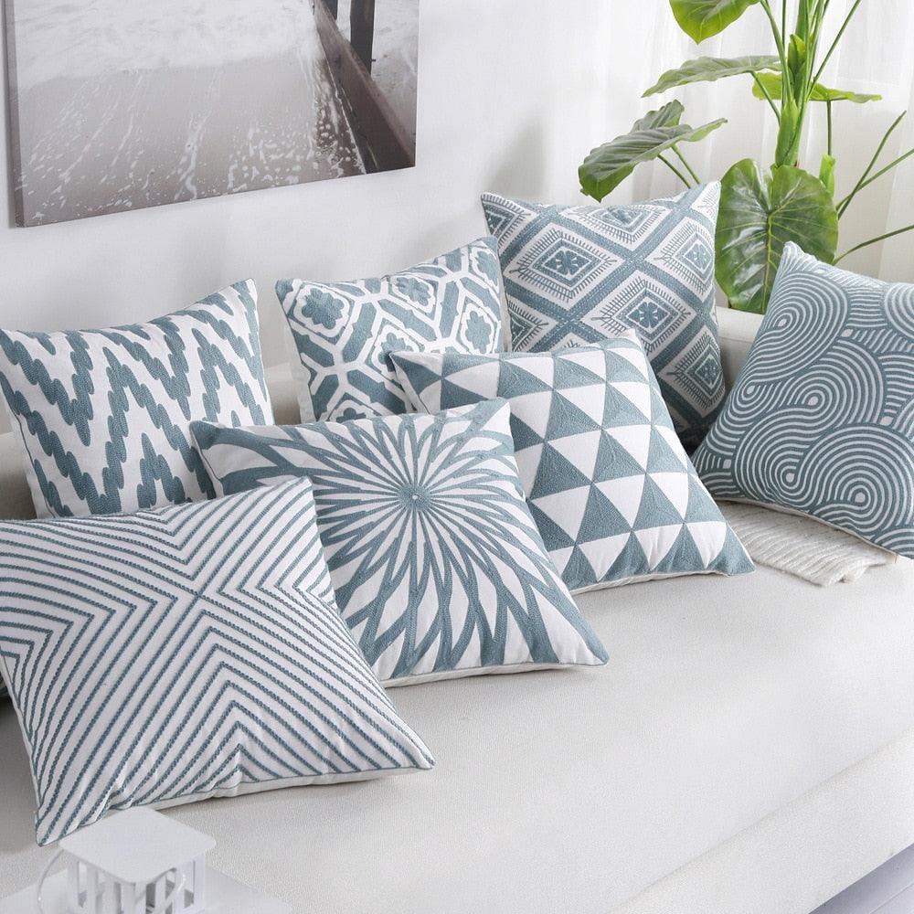 Embroidered Geometric Pillow Cover 100% Cotton Woolen Cushion Cover Modern Nordic Style Pink Blue Pillow Cover For Home Decor Embroidery Cushion Cover Decorative Throw Pillow Cover Geometric Invisible Pillow Cover for Living Room 45X45CM