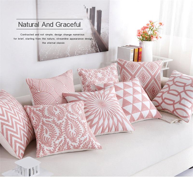 Embroidered Geometric Pillow Cover 100% Cotton Woolen Cushion Cover Modern Nordic Style Pink Blue Pillow Cover For Home Decor Embroidery Cushion Cover Decorative Throw Pillow Cover Geometric Invisible Pillow Cover for Living Room 45X45CM