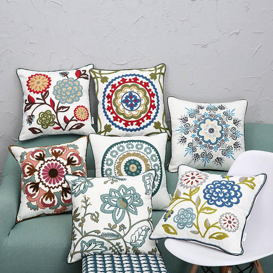 Ethnic Floral Embroidered Pillow Cover Vintage Style Cushion Cover Handmade Cavans Pillow Cases For Sofa Couch Chair Handmade Cotton Cover for Throw Pillows with Beautiful Modern Floral Patterns and Invisible Zipper 45x45cm