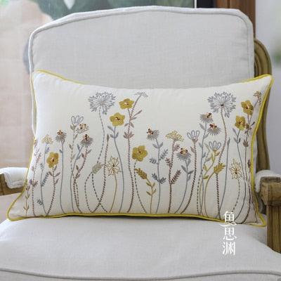 European Floral Cushion Cover Cotton Pillowcases Yellow Botanical Flowers and Green Leaves Floral Garden Pattern Printed Cushion Home Decor Rectangle Pillow Cover