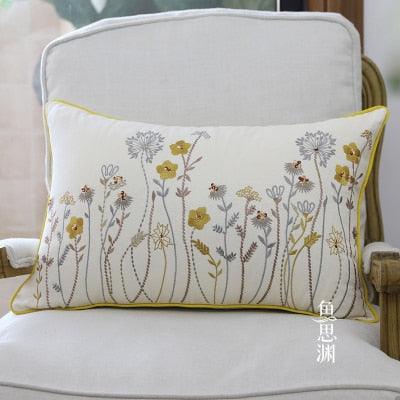 European Floral Cushion Cover Cotton Pillowcases Yellow Botanical Flowers and Green Leaves Floral Garden Pattern Printed Cushion Home Decor Rectangle Pillow Cover
