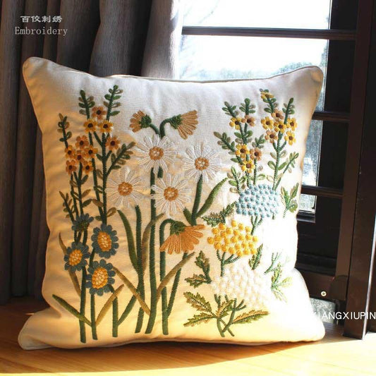 European Floral Cushion Cover Cotton Pillowcases Yellow Botanical Flowers and Green Leaves Floral Garden Pattern Printed Cushion Home Decor Rectangle Pillow Cover