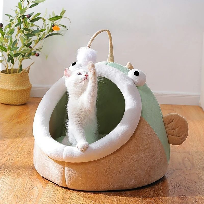 Multifunctional Winter Cat Nest Lantern Fish Cat House Semi-closed Deerskin Velvet Small Dog Kennel Warm And Comfortable