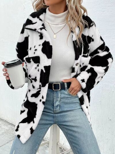 Trendy Black White Cozy Cow Print Collared Neck Button Up Fuzzy Jacket Modern & Warm Outerwear