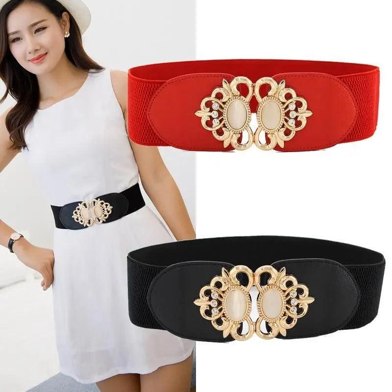 Fashion Black Elastic Waistband One-Piece Dress Women Decorative Belt Elegant Women's Style Party Dress Belts
