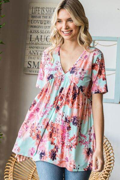 Heimish Floral V-Neck Babydoll Blouse - Full Size Short Sleeve Top
