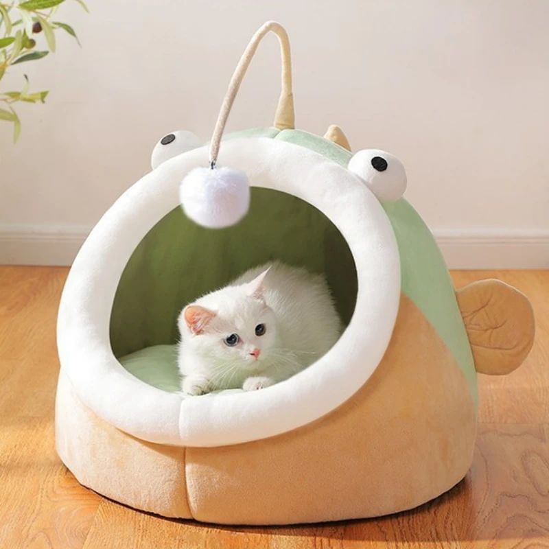 Multifunctional Winter Cat Nest Lantern Fish Cat House Semi-closed Deerskin Velvet Small Dog Kennel Warm And Comfortable