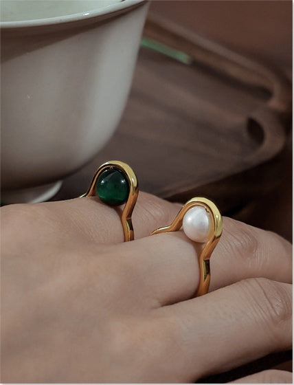 Retro Minority Minimalist Style Shell Pearls Opal Glossy Titanium Steel Ring Bracelet