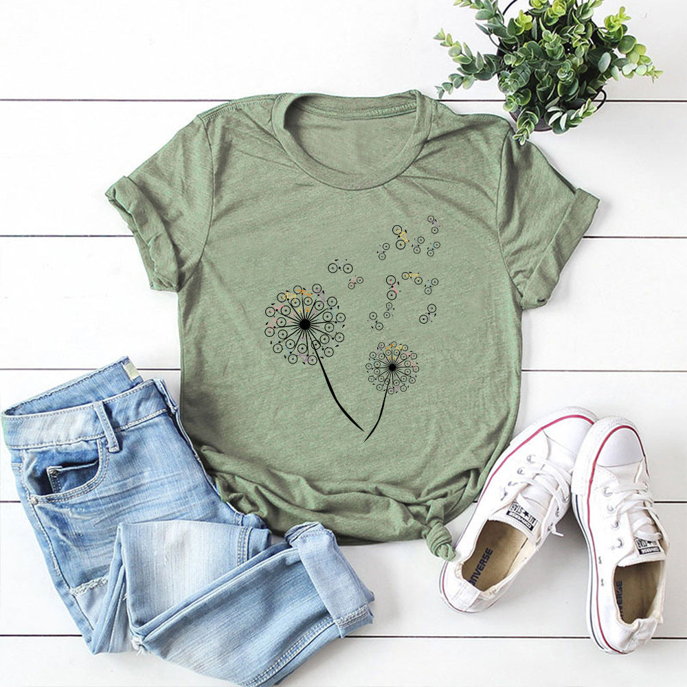 Women's Loose Dandelion Bike Round Neck Short Sleeve T-shirt