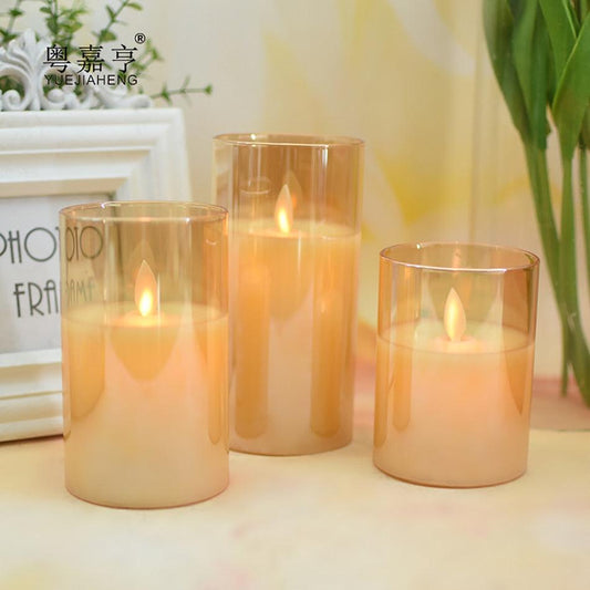 Flameless Led Wax Candle With Amber Color Glass For Home Decor Led Flameless Candles Battery Operated Wax Flickering Moving Wick Effect Halloween Glass Candle Set Wedding/Christmas/Holiday Light Decorative Candles