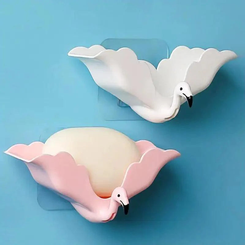 Flamingo Soap Dish Keep Soap Dry Clean Shower Soap Saver Tray Plastic Adhesive Drain Sponge Holder Bathroom Tool Soap Dish with Drains Soap Holder with Hooks Easy Dry SoapTray Easy Cleaning Soap Saver Extend Soap Life Powerful Adhesive No Drilling