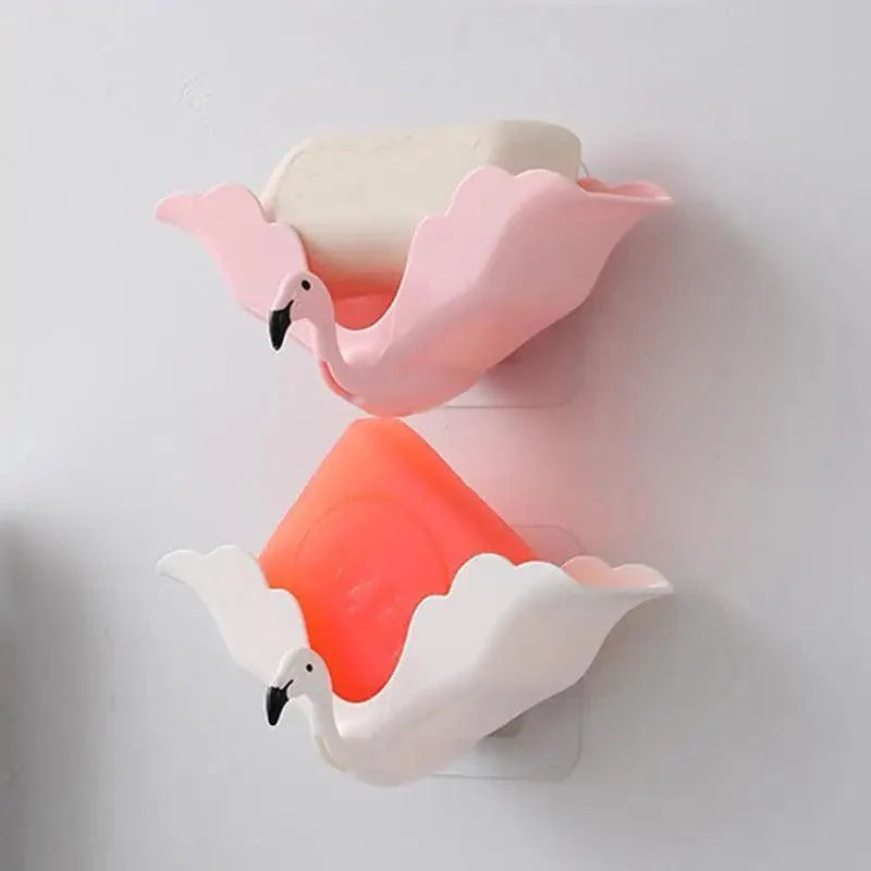 Flamingo Soap Dish Keep Soap Dry Clean Shower Soap Saver Tray Plastic Adhesive Drain Sponge Holder Bathroom Tool Soap Dish with Drains Soap Holder with Hooks Easy Dry SoapTray Easy Cleaning Soap Saver Extend Soap Life Powerful Adhesive No Drilling