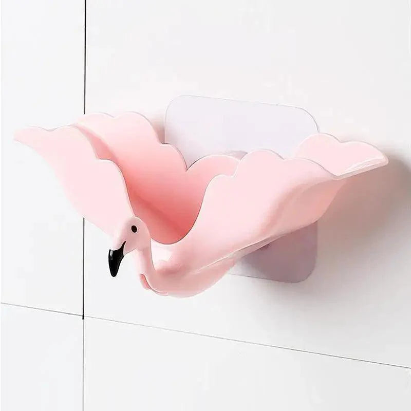 Flamingo Soap Dish Keep Soap Dry Clean Shower Soap Saver Tray Plastic Adhesive Drain Sponge Holder Bathroom Tool Soap Dish with Drains Soap Holder with Hooks Easy Dry SoapTray Easy Cleaning Soap Saver Extend Soap Life Powerful Adhesive No Drilling