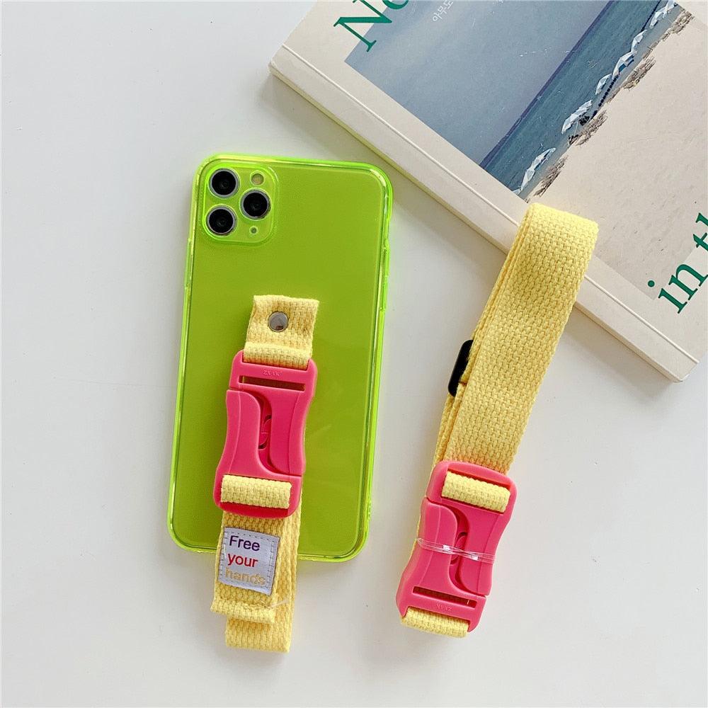 Fluorescent Sports Smartphone Case Bright Color Silicone Simple Soft Protective Cover Mobile Strap Wrist Crossbody Phone Case For iPhone 13 12 11 Pro XR XS Max X 8 7 Plus SE2 Strap Soft Silicon Phone Cover