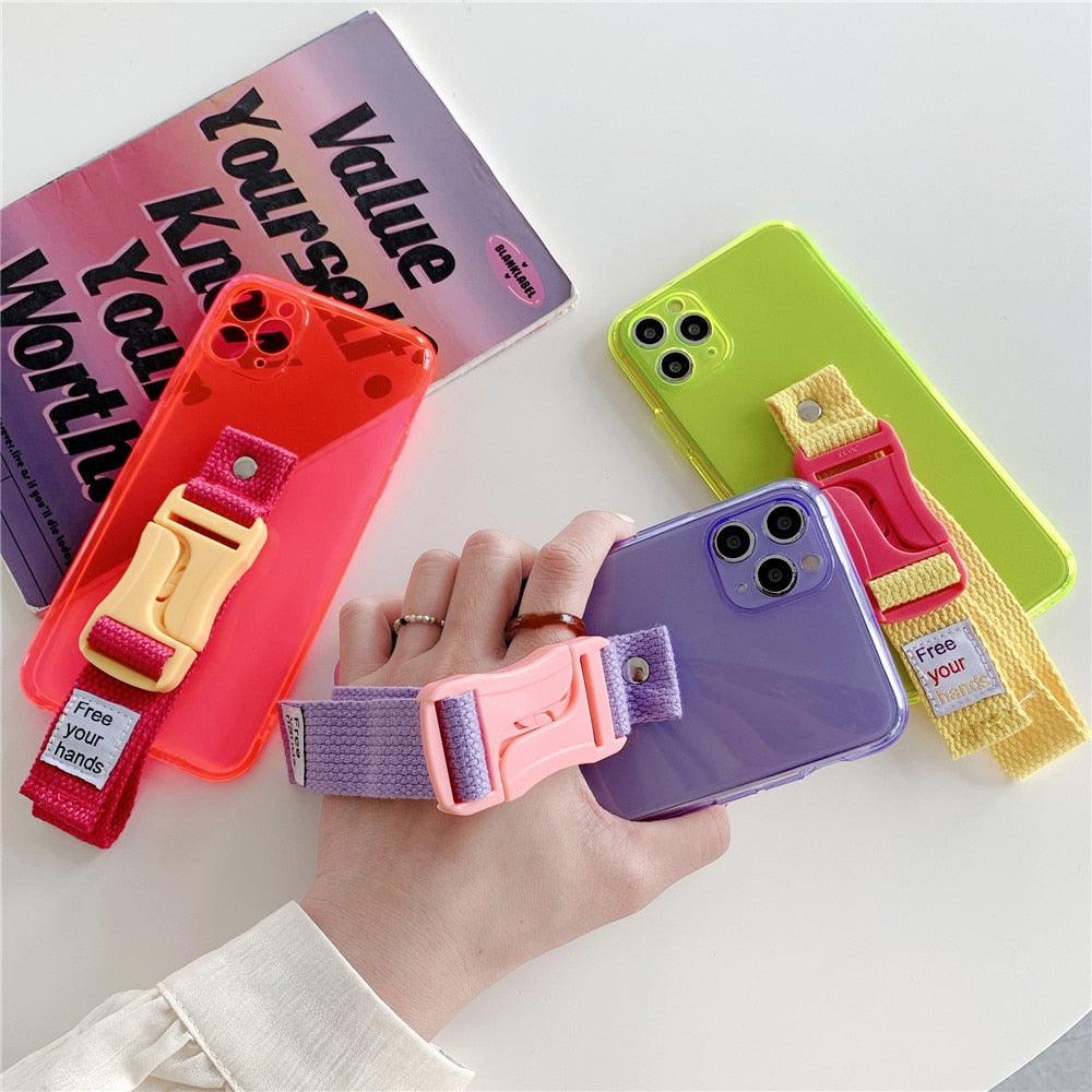 Fluorescent Sports Smartphone Case Bright Color Silicone Simple Soft Protective Cover Mobile Strap Wrist Crossbody Phone Case For iPhone 13 12 11 Pro XR XS Max X 8 7 Plus SE2 Strap Soft Silicon Phone Cover