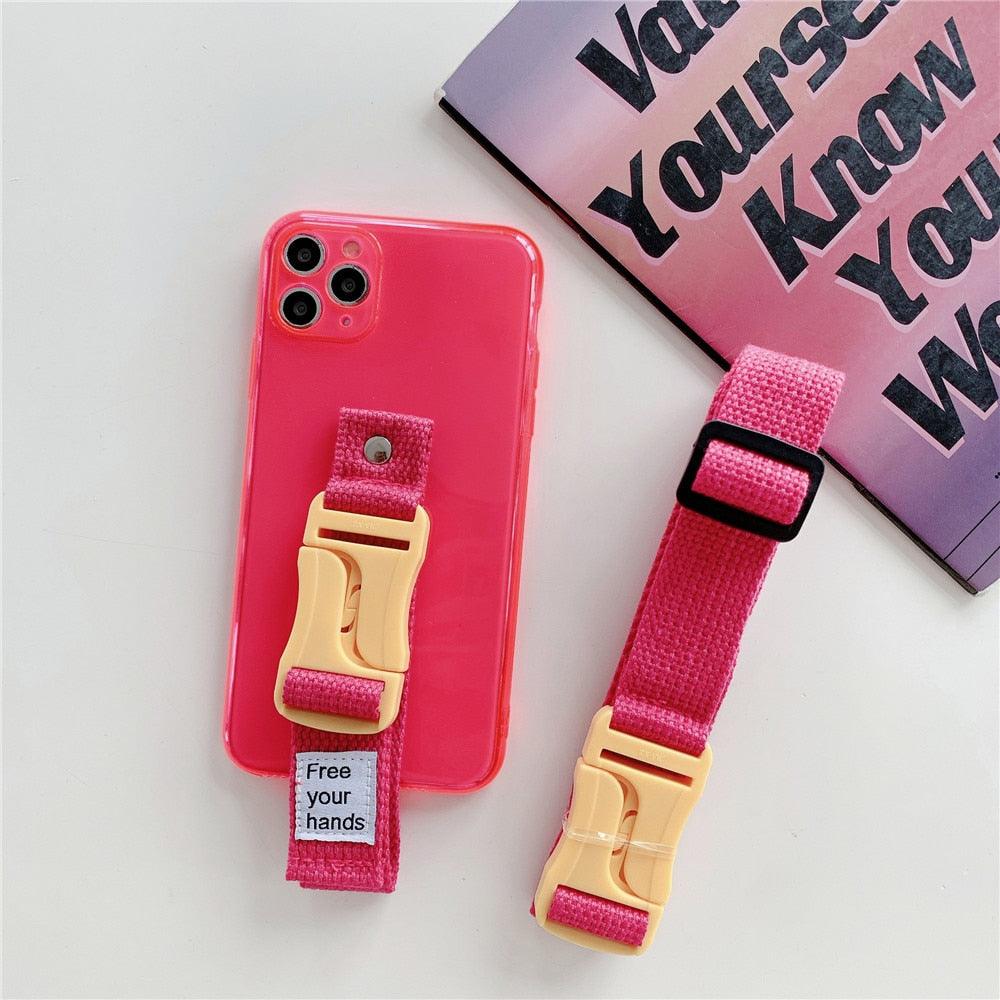 Fluorescent Sports Smartphone Case Bright Color Silicone Simple Soft Protective Cover Mobile Strap Wrist Crossbody Phone Case For iPhone 13 12 11 Pro XR XS Max X 8 7 Plus SE2 Strap Soft Silicon Phone Cover