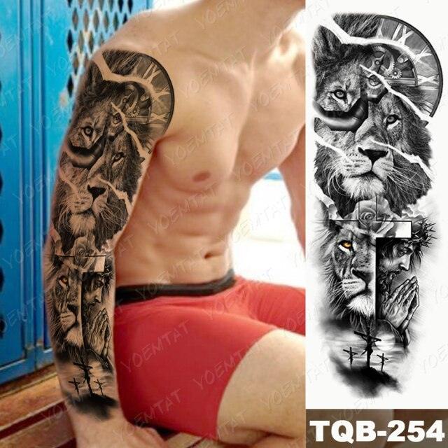 Full Arm Temporary Tattoos 8 Sheets and Half Arm Shoulder Waterproof Tattoos Elegant Large Lion Sleeve Sticker Tattoo Waterproof Temporary Big Wolf Tatoos For Men and Women