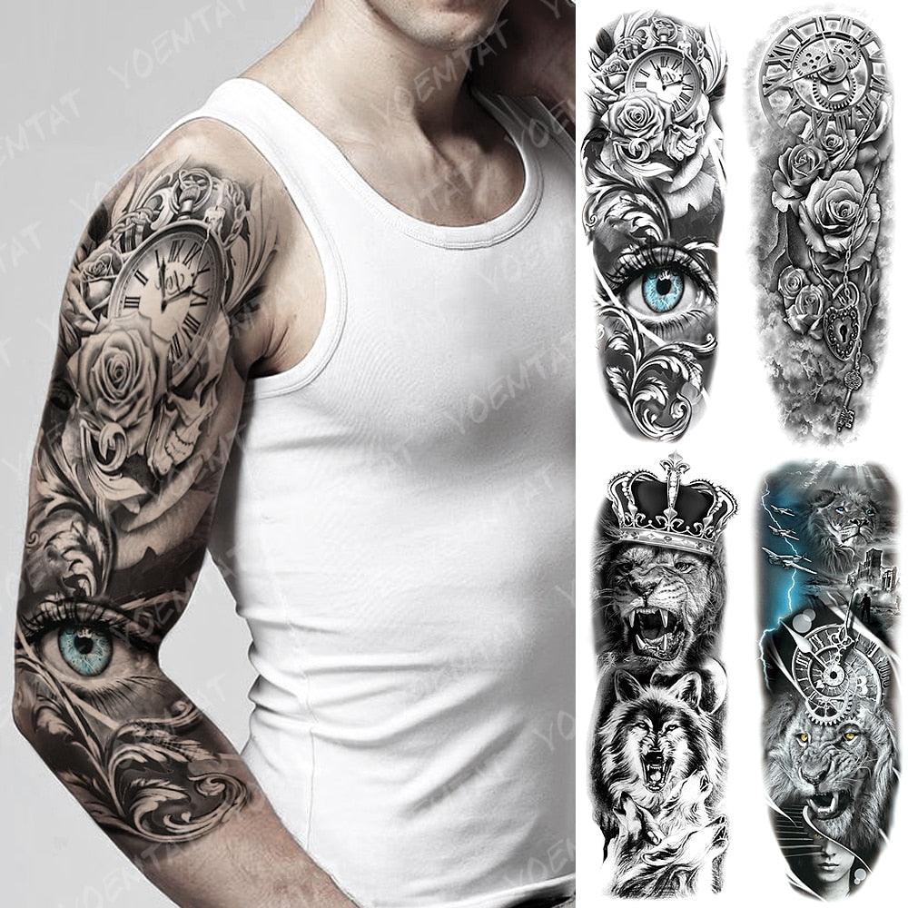 Full Arm Temporary Tattoos 8 Sheets and Half Arm Shoulder Waterproof Tattoos Elegant Large Lion Sleeve Sticker Tattoo Waterproof Temporary Big Wolf Tatoos For Men and Women