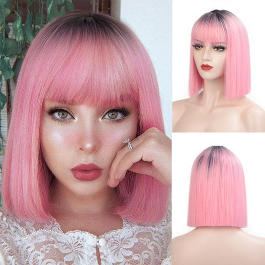 Glorious Synthetic Wigs Short Bob Wigs Black/Pink Bangs Wigs for Women Heat Resistant Fiber Hair Brazilin Wigs For Black Women Cosplay Wigs For Women