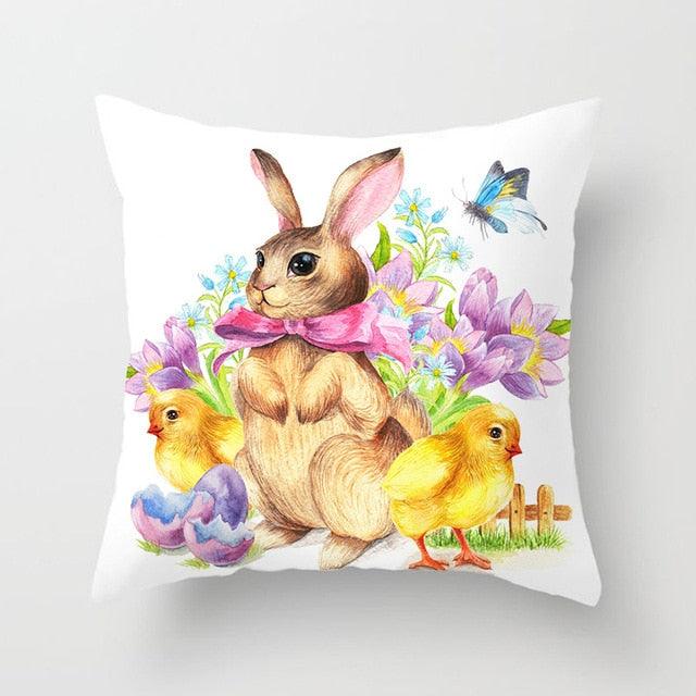 Happy Easter Pillowcase Easter Decorations For Home Party Rabbit Eggs Spring Easter Decor Linen Throw Pillow Cover Case Farmhouse Eggs Tree Rabbit Holiday Cushion Cover Polyester Pillow Cover