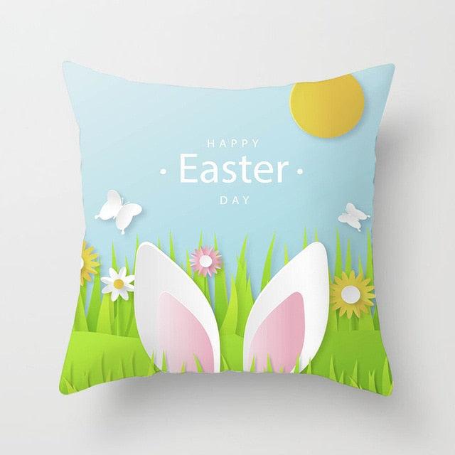 Happy Easter Pillowcase Easter Decorations For Home Party Rabbit Eggs Spring Easter Decor Linen Throw Pillow Cover Case Farmhouse Eggs Tree Rabbit Holiday Cushion Cover Polyester Pillow Cover