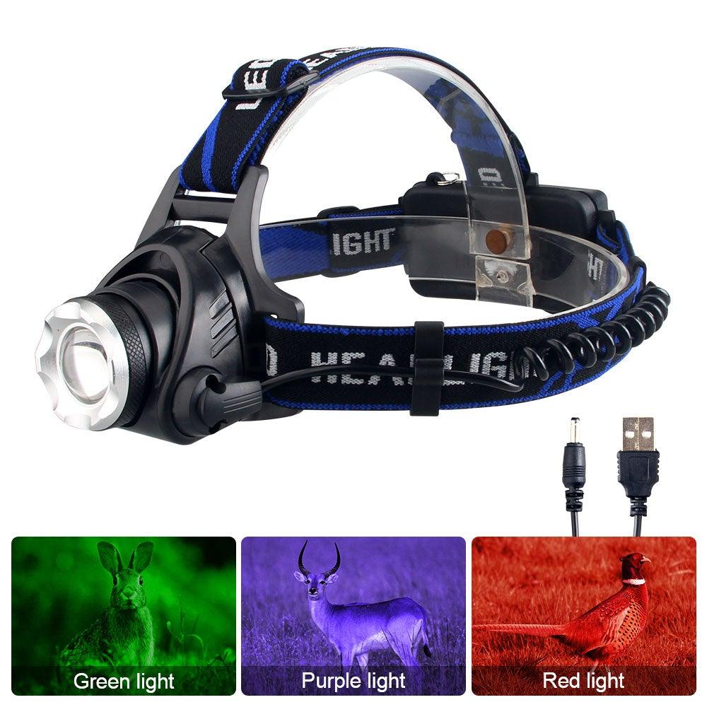 Headlamp Flashlight USB LED Head Rechargeable Light Waterproof Green/Red/UV 395nm Zoomable Headlamp Flashlight Light Outdoor   Waterproof Headlight Led Head Lamp 3 Modes Torch For Camping Hiking Fishing
