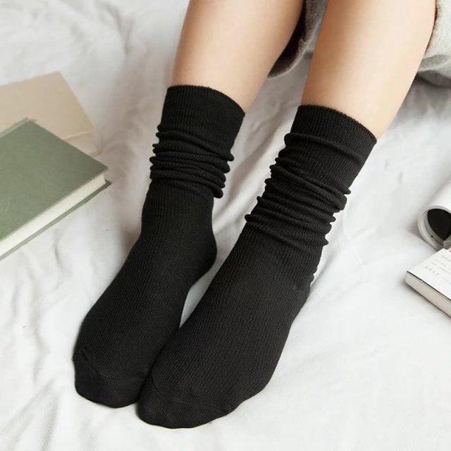 High School Girls High Socks Solid Colors Double Needles Knitting Cotton Long Socks for Women