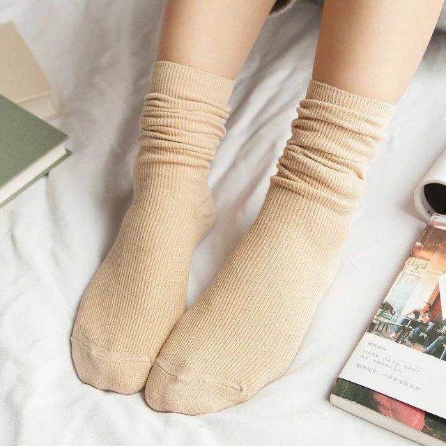 High School Girls High Socks Solid Colors Double Needles Knitting Cotton Long Socks for Women