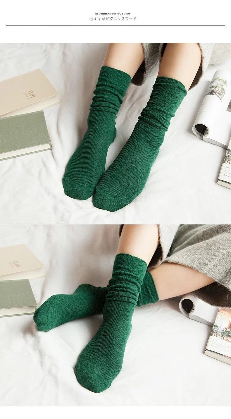 High School Girls High Socks Solid Colors Double Needles Knitting Cotton Long Socks for Women