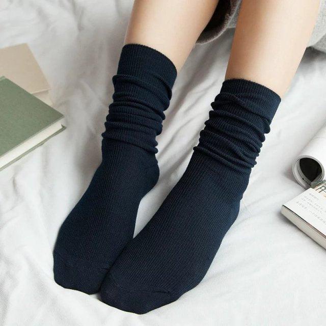 High School Girls High Socks Solid Colors Double Needles Knitting Cotton Long Socks for Women