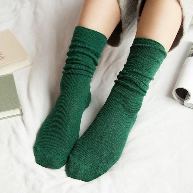 High School Girls High Socks Solid Colors Double Needles Knitting Cotton Long Socks for Women