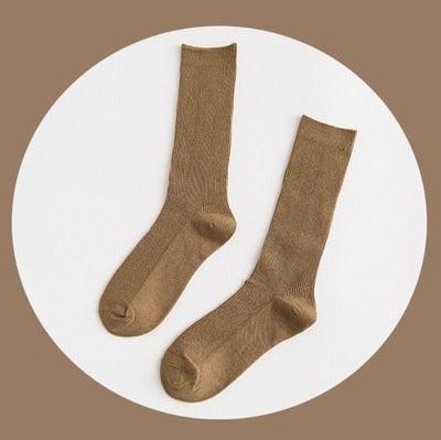 High School Girls High Socks Solid Colors Double Needles Knitting Cotton Long Socks for Women