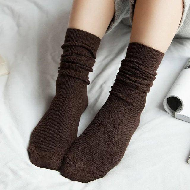 High School Girls High Socks Solid Colors Double Needles Knitting Cotton Long Socks for Women