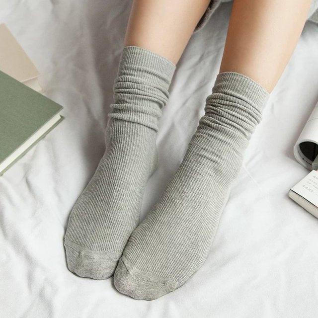 High School Girls High Socks Solid Colors Double Needles Knitting Cotton Long Socks for Women