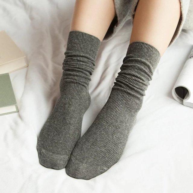 High School Girls High Socks Solid Colors Double Needles Knitting Cotton Long Socks for Women