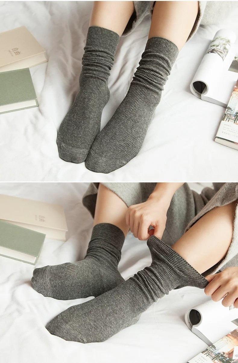 High School Girls High Socks Solid Colors Double Needles Knitting Cotton Long Socks for Women
