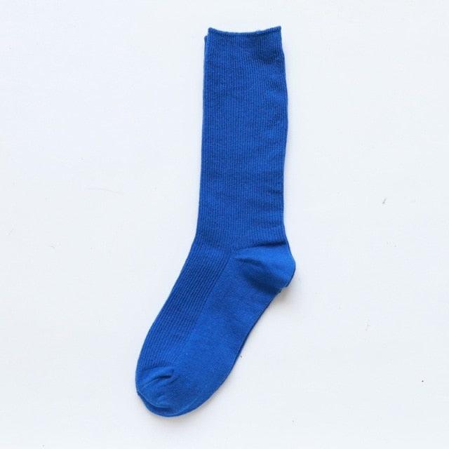 High School Girls High Socks Solid Colors Double Needles Knitting Cotton Long Socks for Women
