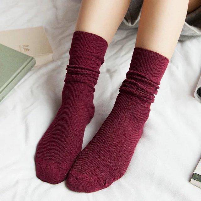 High School Girls High Socks Solid Colors Double Needles Knitting Cotton Long Socks for Women