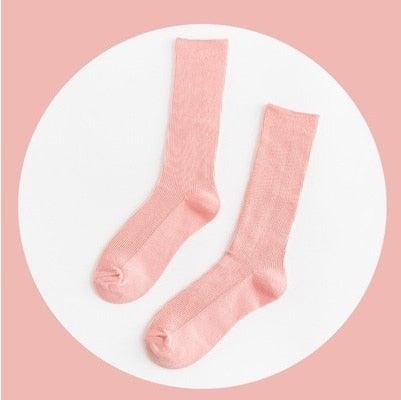 High School Girls High Socks Solid Colors Double Needles Knitting Cotton Long Socks for Women