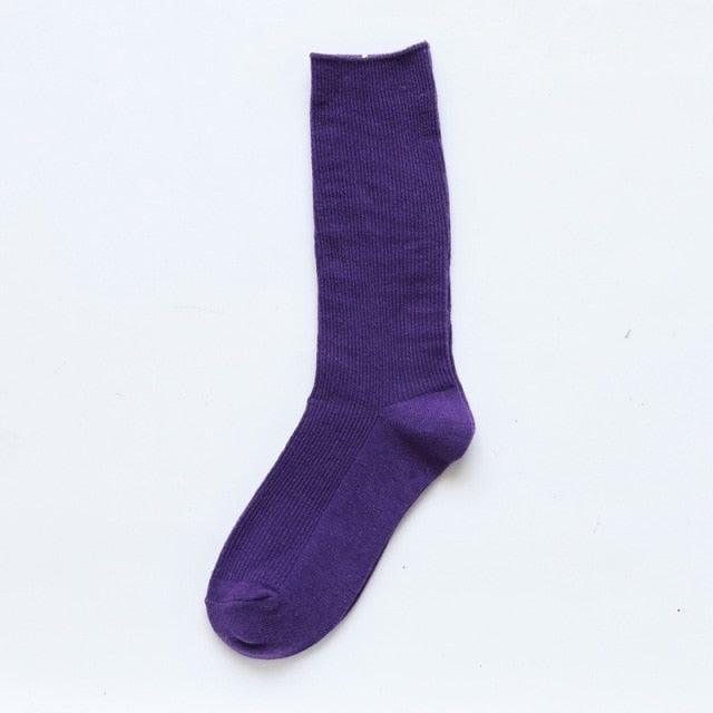 High School Girls High Socks Solid Colors Double Needles Knitting Cotton Long Socks for Women