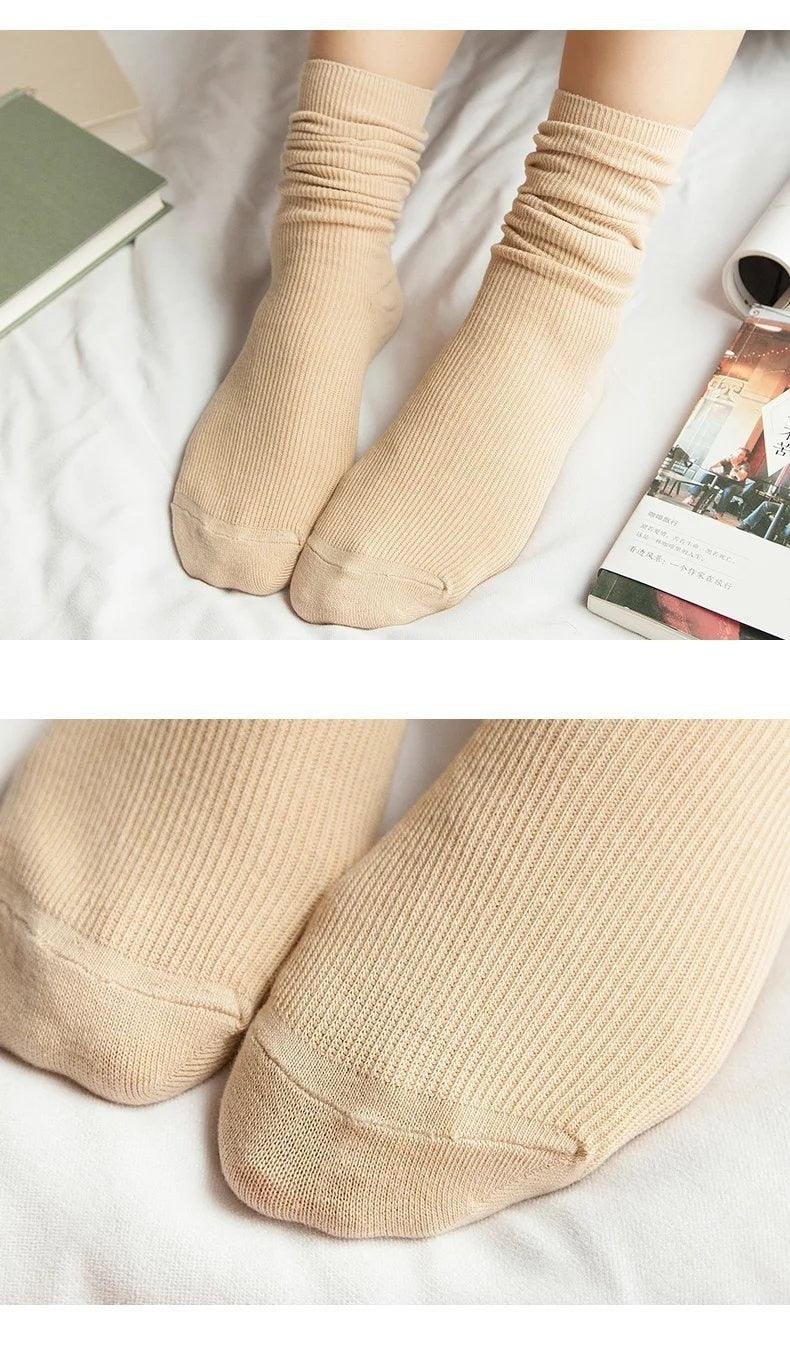 High School Girls High Socks Solid Colors Double Needles Knitting Cotton Long Socks for Women