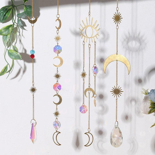 Home Decor Crystal Sun-catchers Window Pendant Hanging Curtain Wind-chimes Light Catcher Star Moon Pendant Rainbow Wind Chime Prisms Wind Chime Hanging Ornaments For Garden Home Christmas Decorations Gift