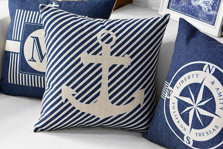 Home Decorative Pillows Mediterranean Pillow Cover Blue Anchor Navigation Compass Sailboat Pillowcase Decorative Cushion Cover For Home Cover Sea Blue Compass Marine Ship Linen Pillow Case Cushion Cover 45x45CM