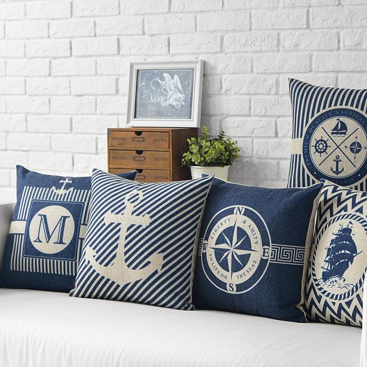Home Decorative Pillows Mediterranean Pillow Cover Blue Anchor Navigation Compass Sailboat Pillowcase Decorative Cushion Cover For Home Cover Sea Blue Compass Marine Ship Linen Pillow Case Cushion Cover 45x45CM